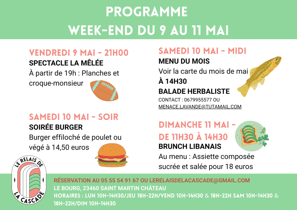 Programmation au restaurant le relais de la Cascade ssitué en Creuse proche du lac de Vassivière