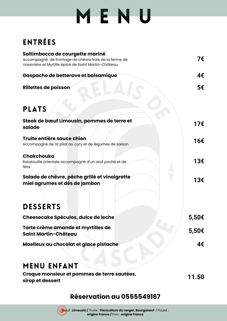 MENU_RELAIS_CASCADE_LAC_DE_VASSIVIERE